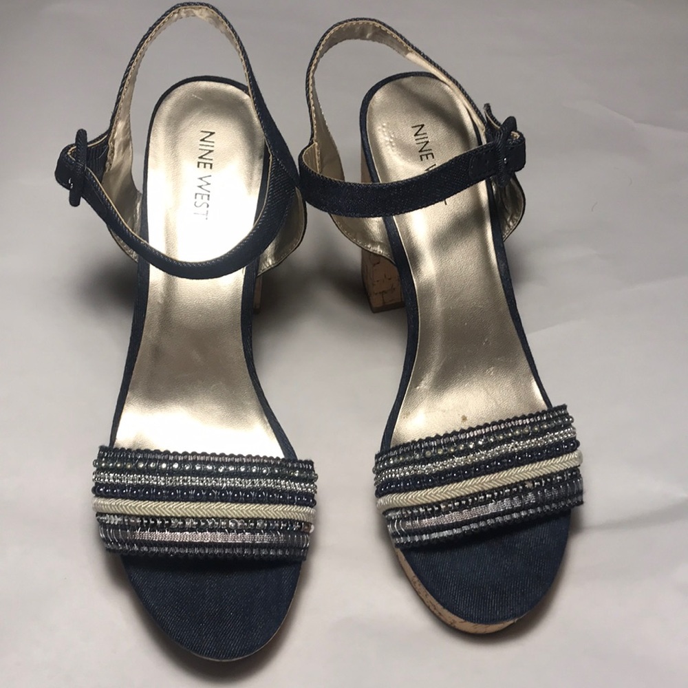 Denim Sequin Beaded Ankle StrapHeels W Sz: 10
